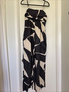 Source Unknown Black & Cream Strapless Wide-Leg Graphic Jumpsuit